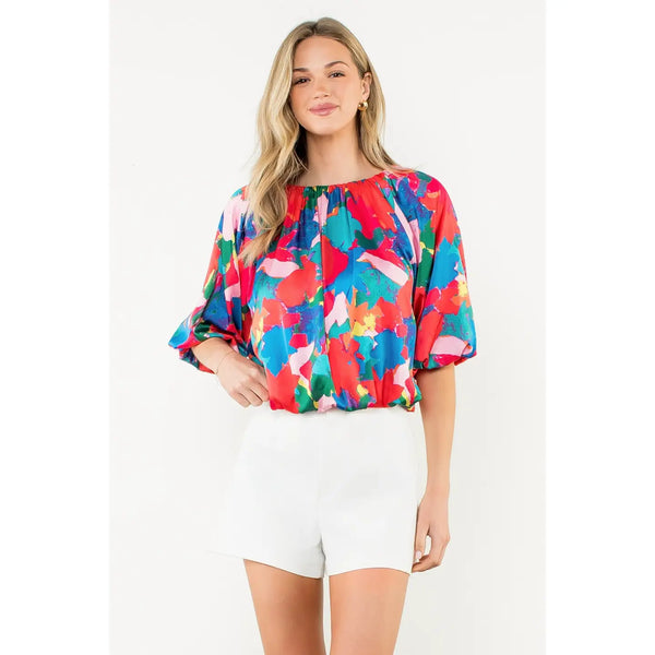 Balloon Sleeve Abstract Print Top