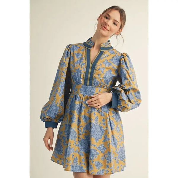 Blue Ruffled Neck Floral Dress
