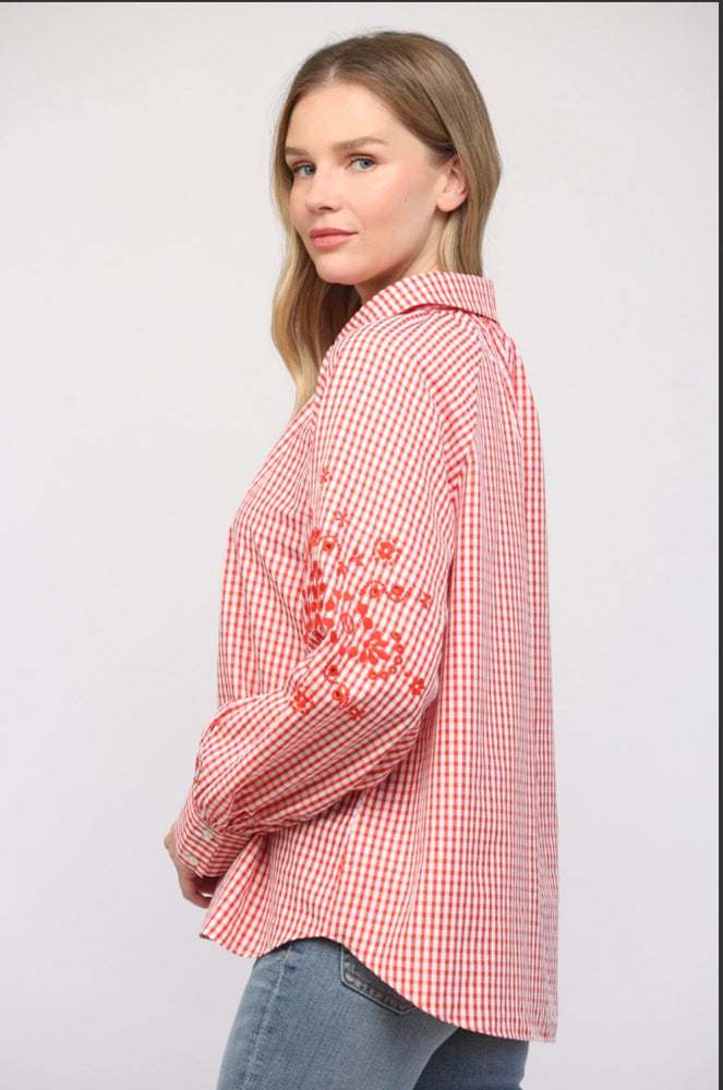 Embroidered Gingham Button Down