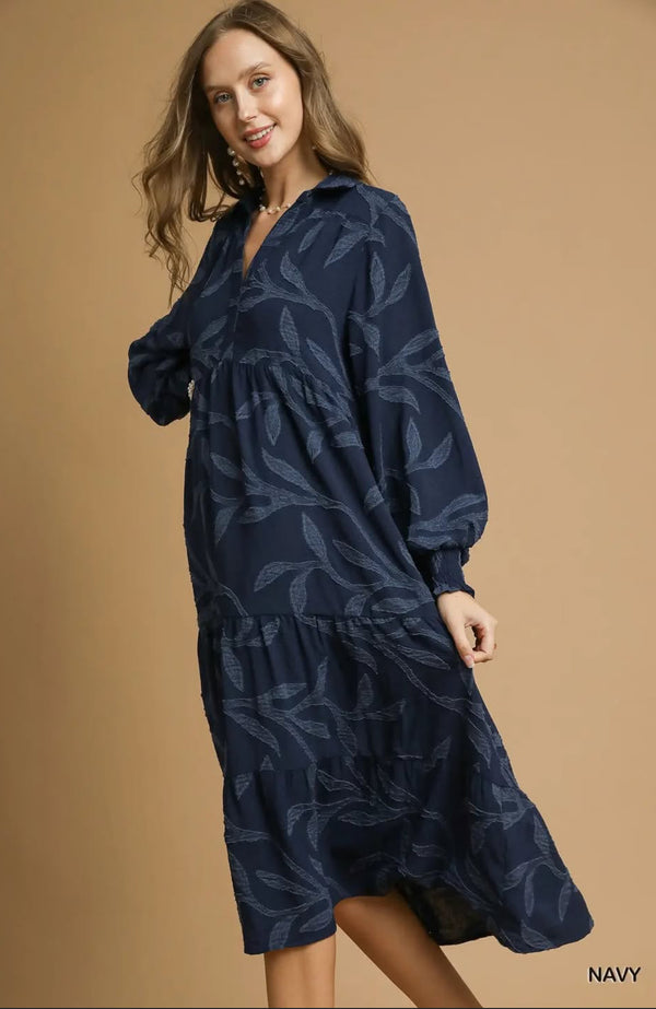 Navy Tiered Leaf Brocade Pattern Midi Dress