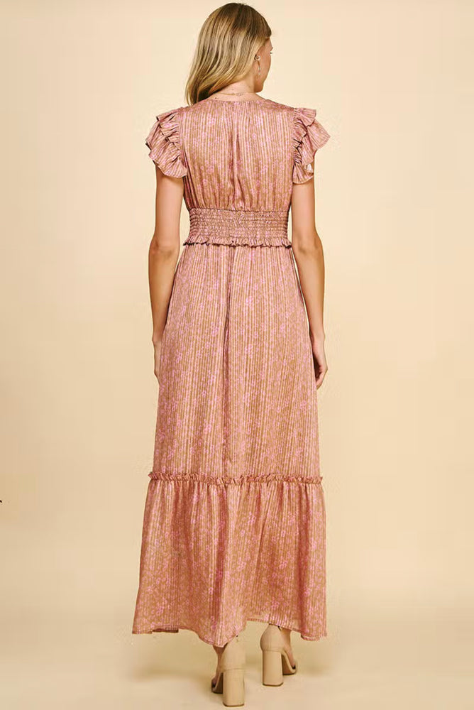 Pleated Satin Maxi Dress - Camel Pink