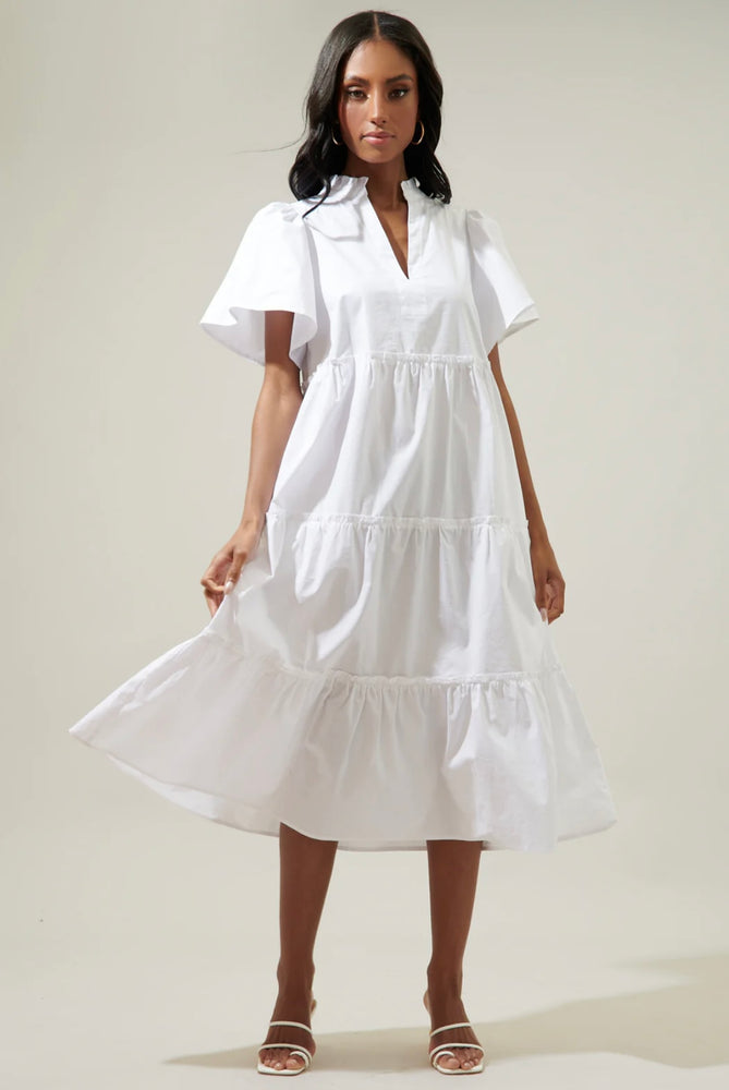 Noelle Split Neck Tiered Midi Dress White