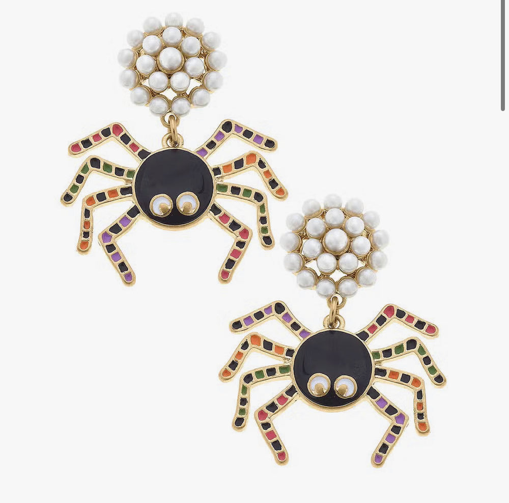 Halloween Enamel Spider Earrings in Black/Multi