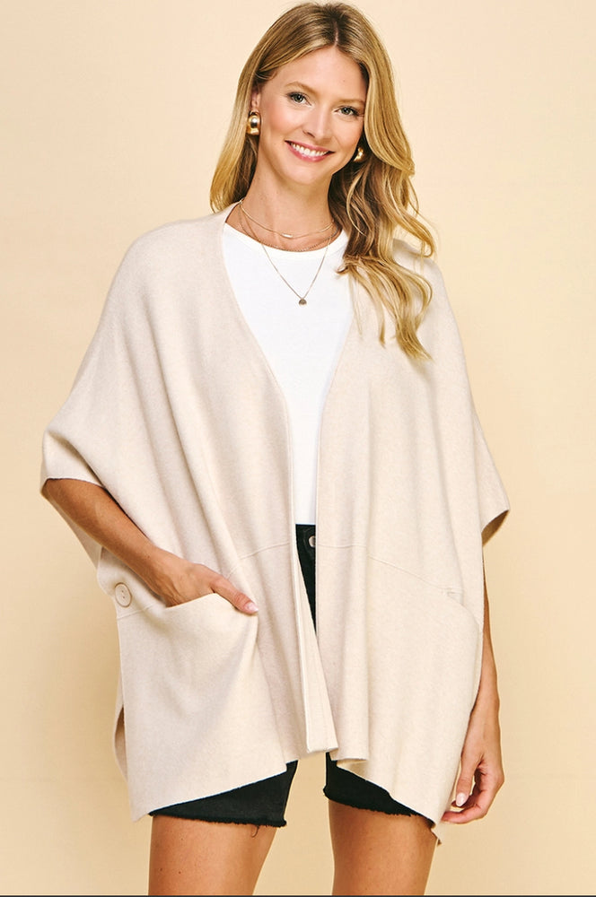 Sweater Cape/Poncho with Side Button - Oatmeal