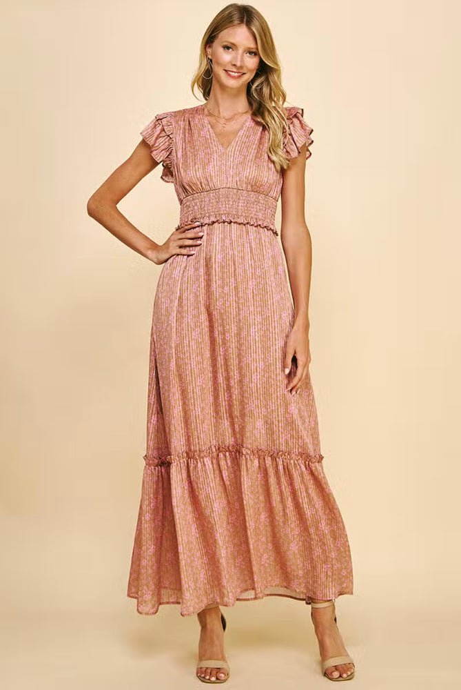 Pleated Satin Maxi Dress - Camel Pink