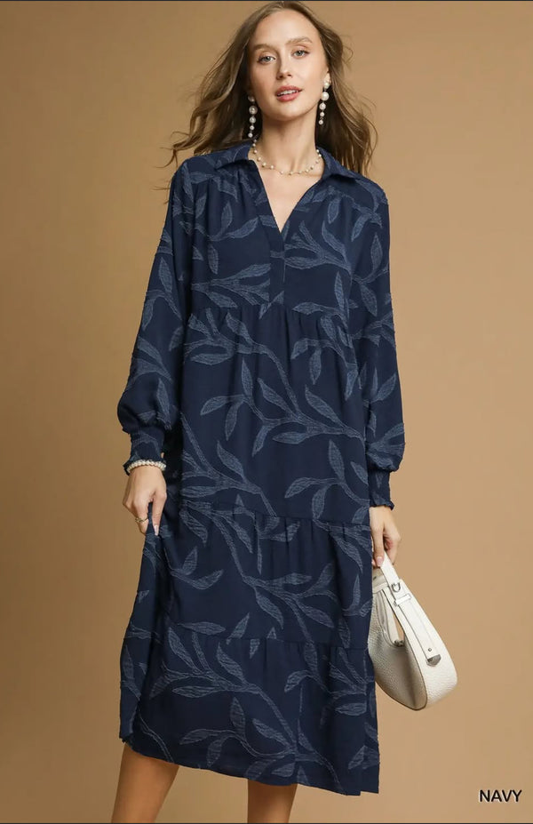 Navy Tiered Leaf Brocade Pattern Midi Dress
