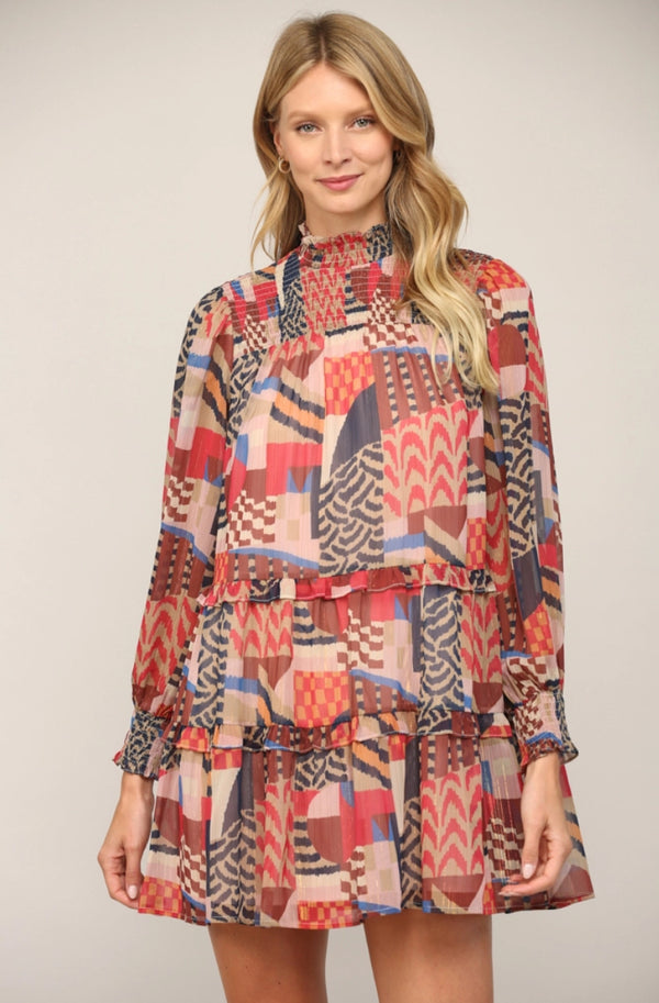 Lurex Chiffon Smocked Yoke Tiered Dress