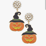 Halloween Enamel Jack O'Lantern Witch Hat Earrings in Orange