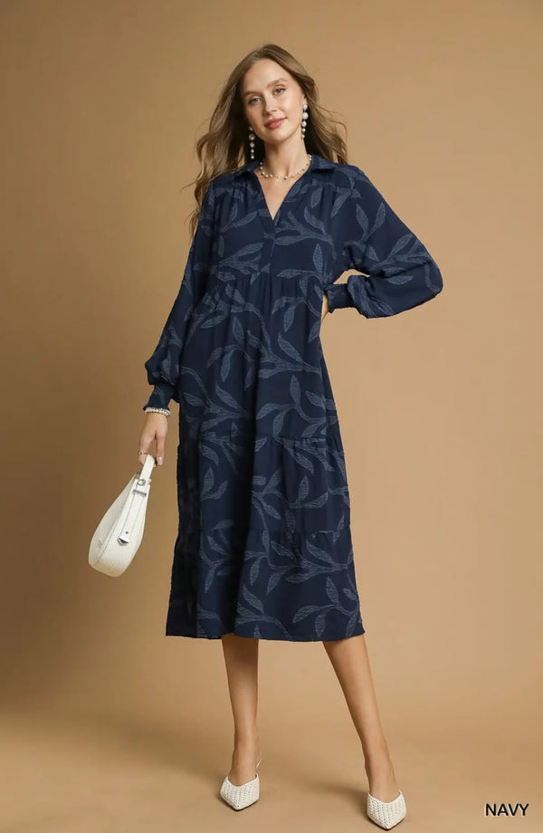 Navy Tiered Leaf Brocade Pattern Midi Dress