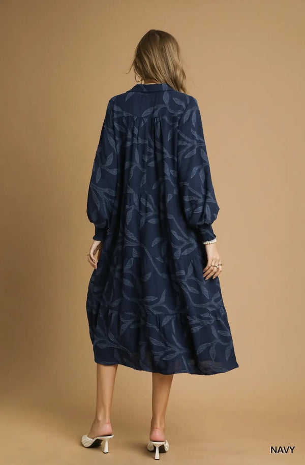 Navy Tiered Leaf Brocade Pattern Midi Dress