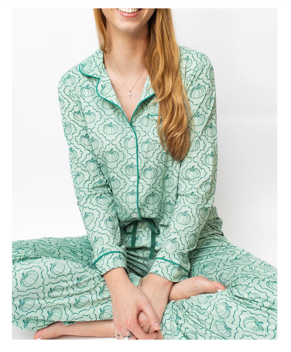 Give 'em Pumpkin Long Sleeve Button Up Sleep Shirt