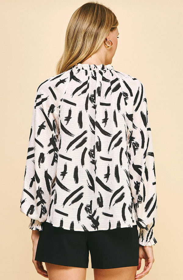 Print LS Satin Top - Ivory Black