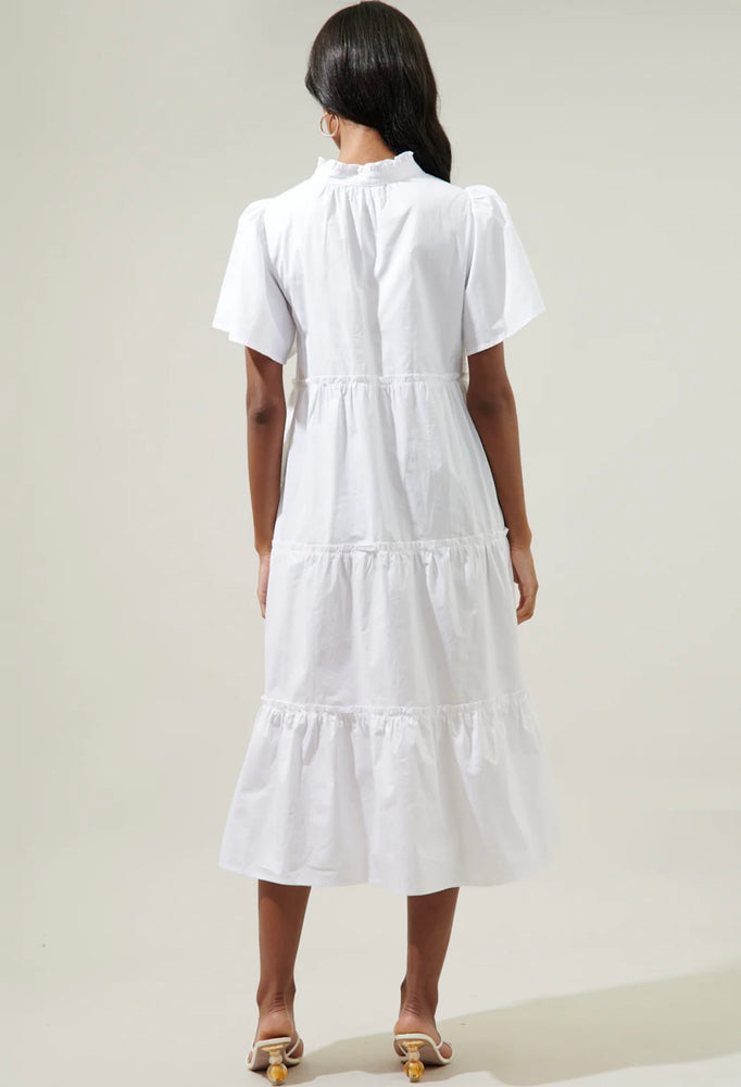 Noelle Split Neck Tiered Midi Dress White