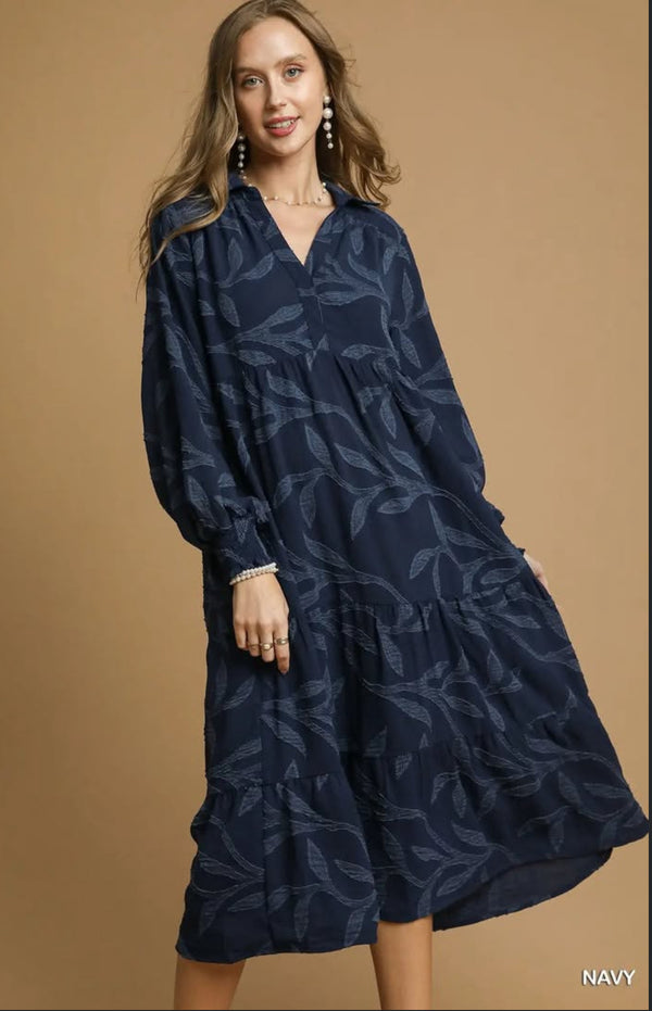 Navy Tiered Leaf Brocade Pattern Midi Dress