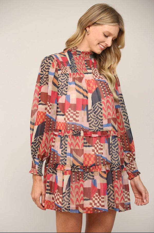 Lurex Chiffon Smocked Yoke Tiered Dress