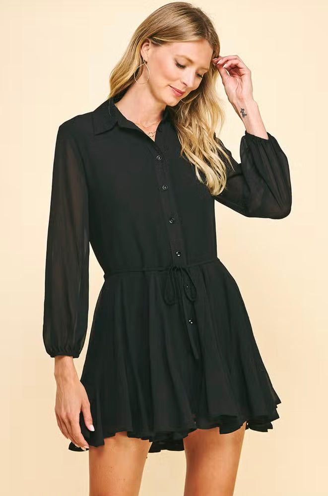 Collared Button Down Mini Dress - Black