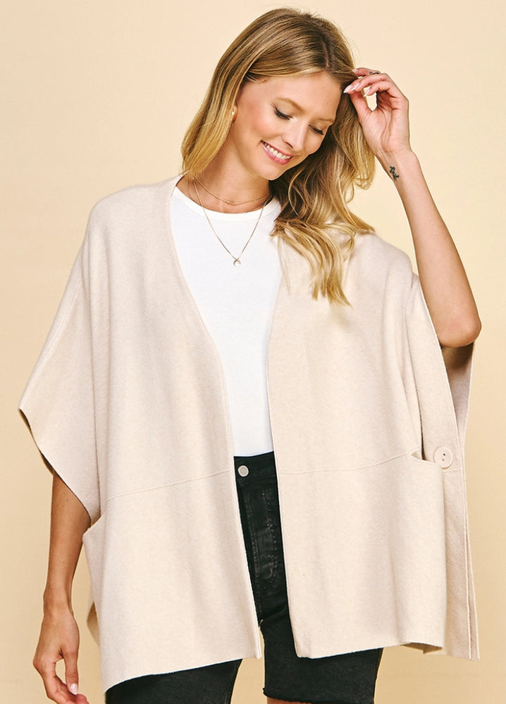 Sweater Cape/Poncho with Side Button - Oatmeal