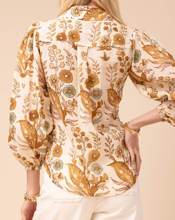 Claudette Blouse Mercer House Woodblock Floral Cream
