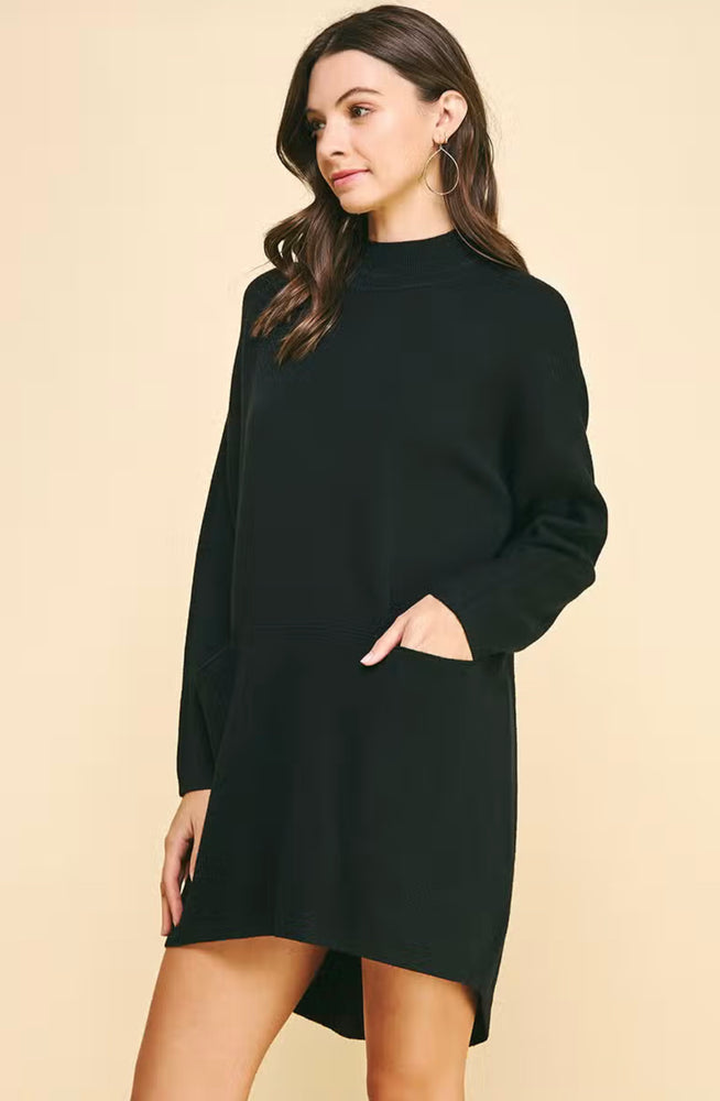 Mock Neck Sweater Dress - Black