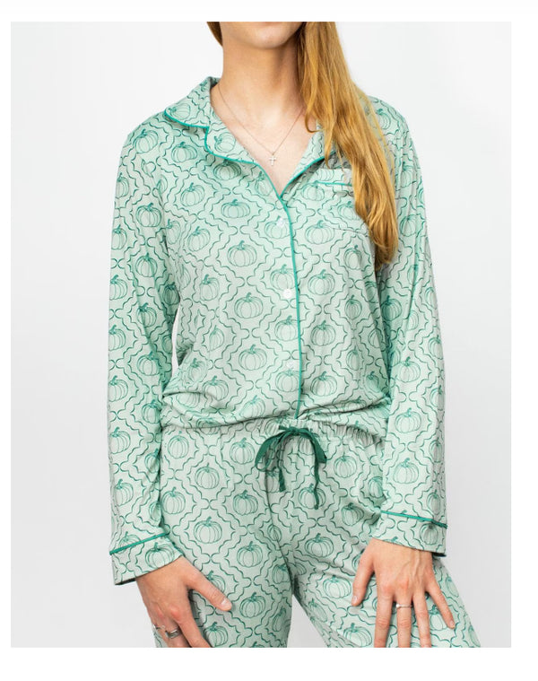 Give 'em Pumpkin Long Sleeve Button Up Sleep Shirt