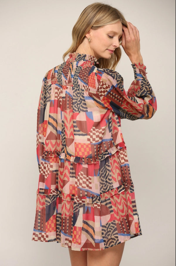 Lurex Chiffon Smocked Yoke Tiered Dress