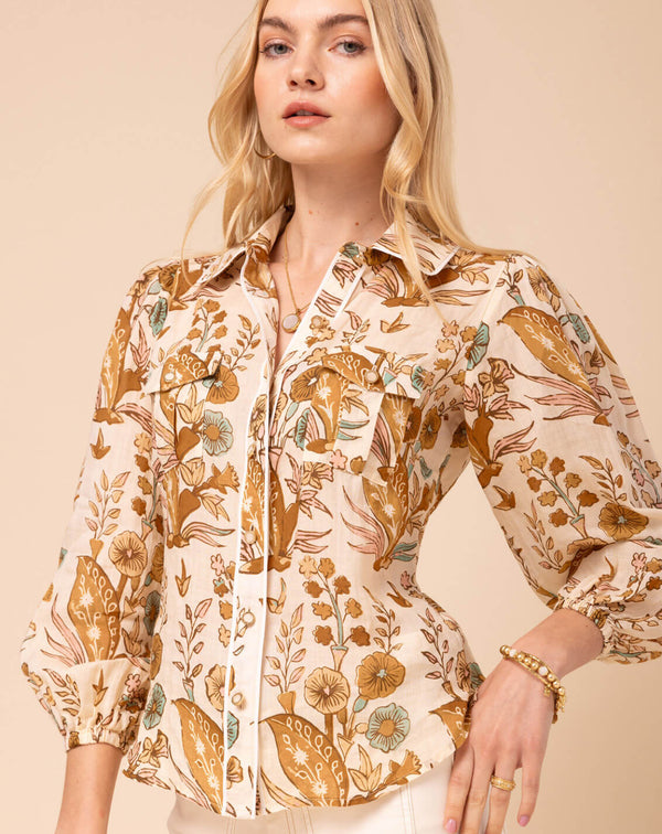 Claudette Blouse Mercer House Woodblock Floral Cream