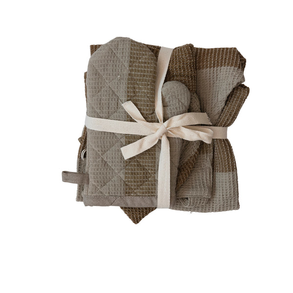 Cotton Waffle Weave Child Apron w/ Stripes, Chef Hat & Oven Mitt