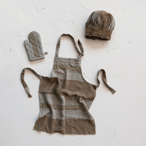Cotton Waffle Weave Child Apron w/ Stripes, Chef Hat & Oven Mitt