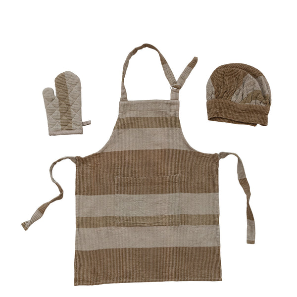Cotton Waffle Weave Child Apron w/ Stripes, Chef Hat & Oven Mitt