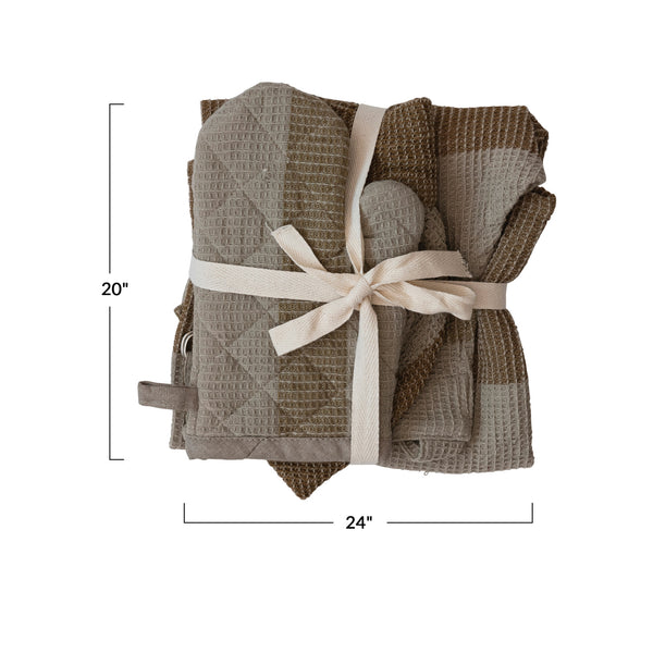 Cotton Waffle Weave Child Apron w/ Stripes, Chef Hat & Oven Mitt