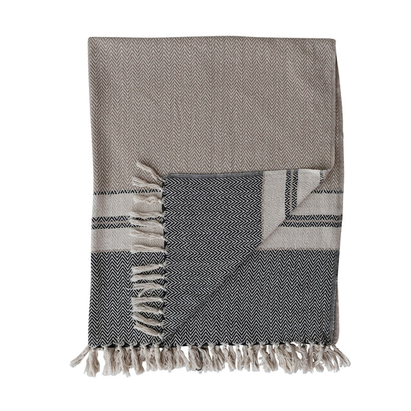 Woven Recycled Cotton Striped Throw with Fringe, Beige, Grey & Cream Color