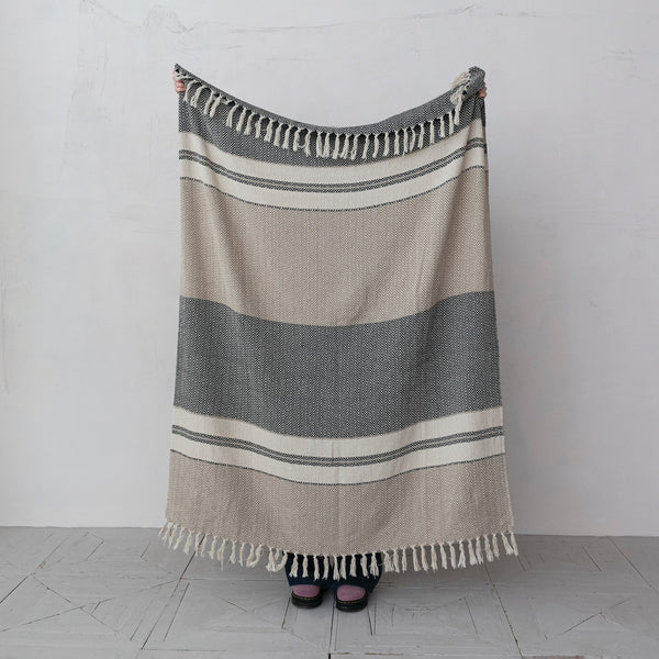 Woven Recycled Cotton Striped Throw with Fringe, Beige, Grey & Cream Color