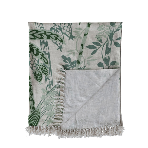 Cotton Slub Printed Throw with Palm Trees & Fringe