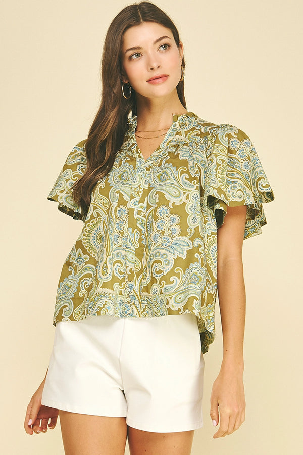 Paisley Print V-Neck Blouse
