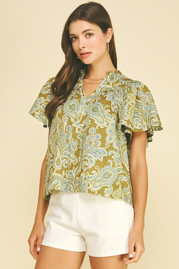 Paisley Print V-Neck Blouse