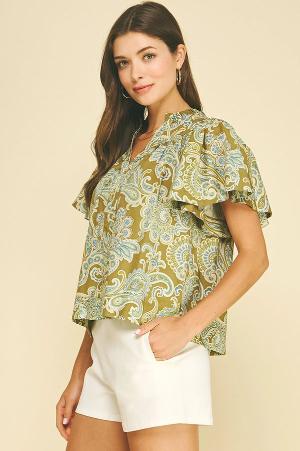 Paisley Print V-Neck Blouse