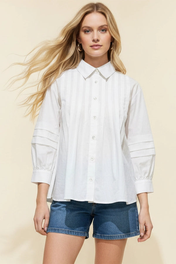 White Pleat Detailed Button Down Shirt