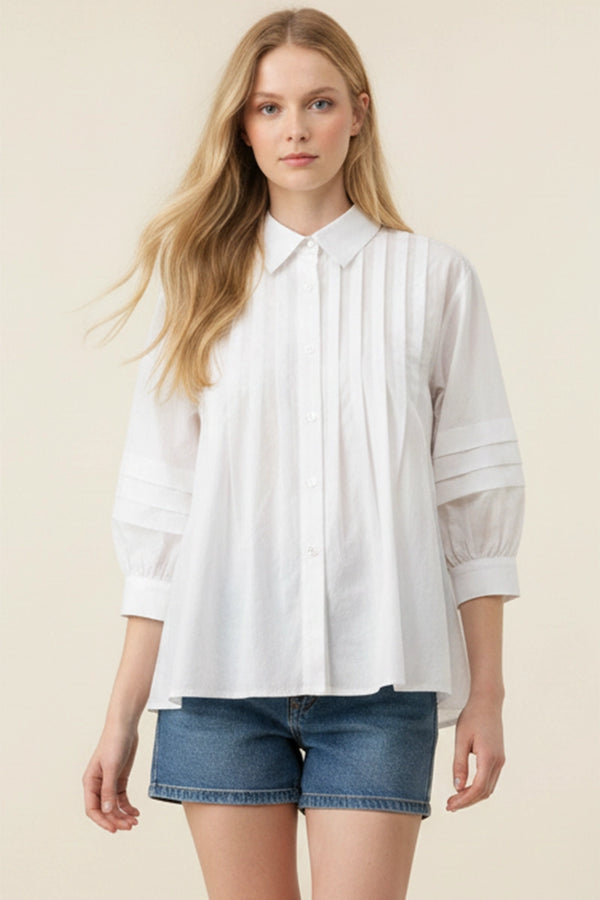 White Pleat Detailed Button Down Shirt