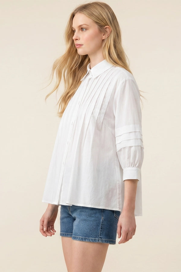 White Pleat Detailed Button Down Shirt