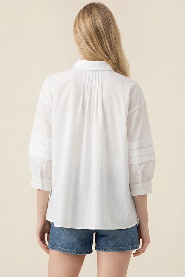 White Pleat Detailed Button Down Shirt