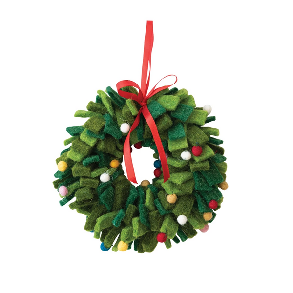 7" Round Handmade Wool Felt Wreath Ornament w/ Multi Color Pom Poms