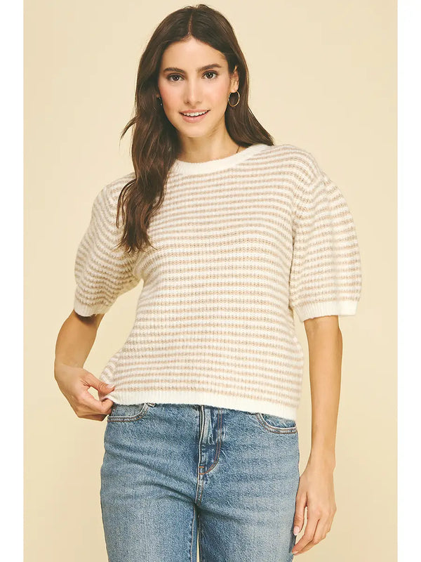 Striped Puff Sleeve Sweater Beige and Ivory