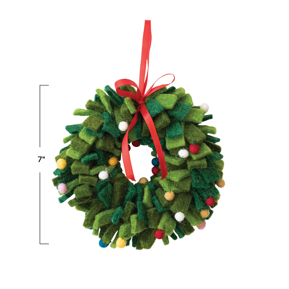 7" Round Handmade Wool Felt Wreath Ornament w/ Multi Color Pom Poms