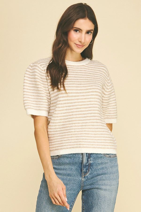 Striped Puff Sleeve Sweater Beige and Ivory
