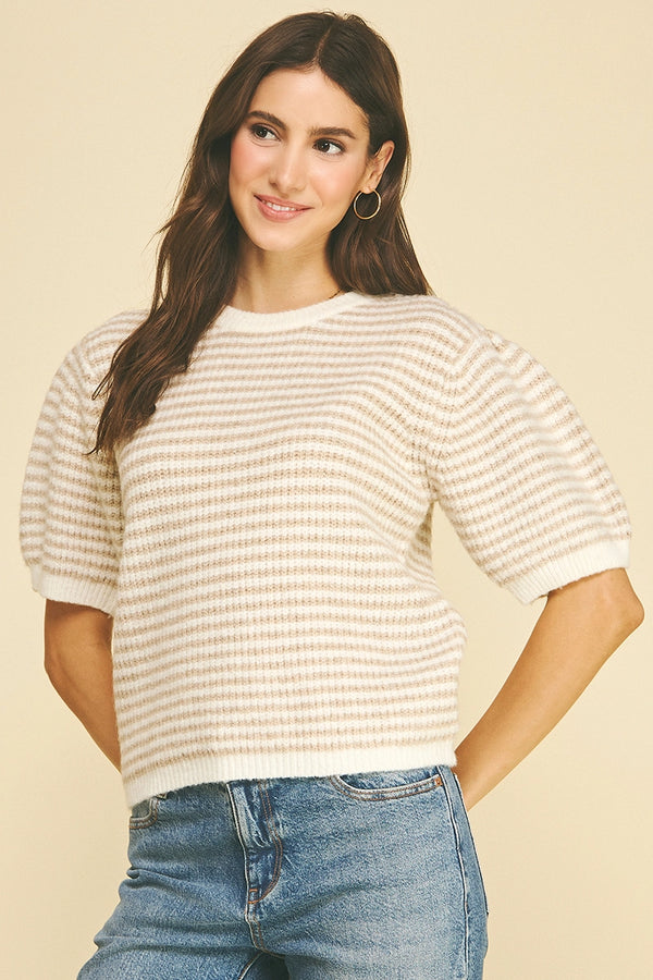 Striped Puff Sleeve Sweater Beige and Ivory
