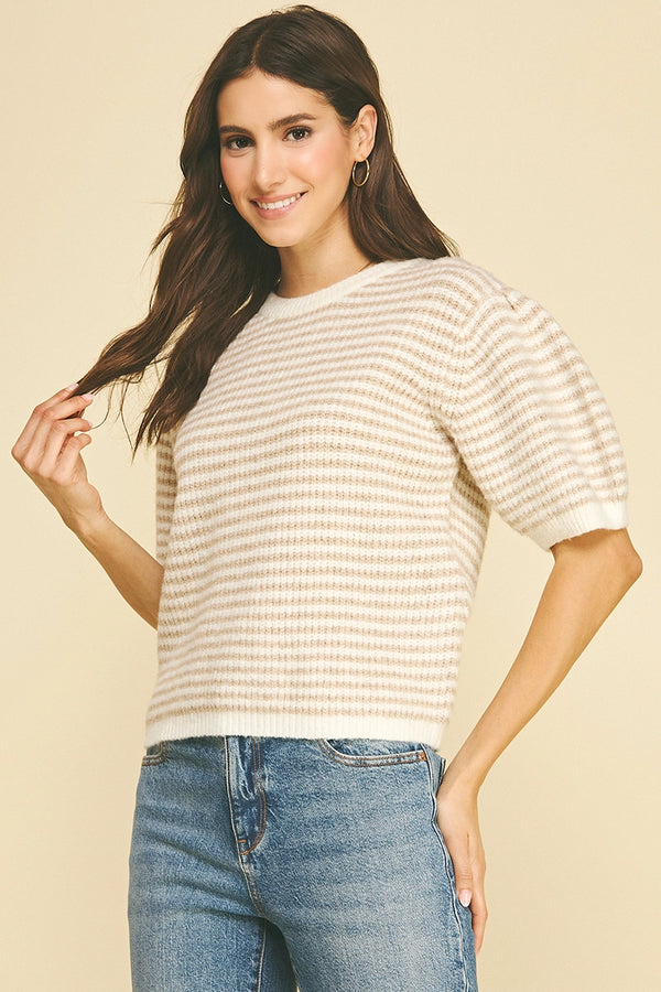 Striped Puff Sleeve Sweater Beige and Ivory