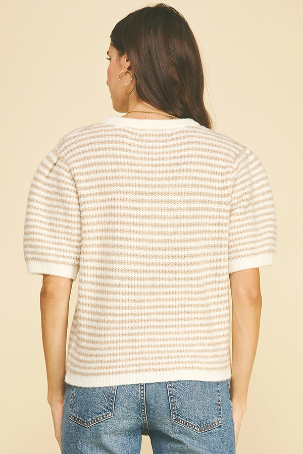 Striped Puff Sleeve Sweater Beige and Ivory