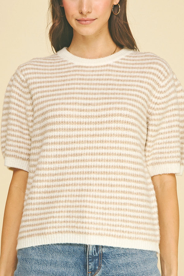 Striped Puff Sleeve Sweater Beige and Ivory