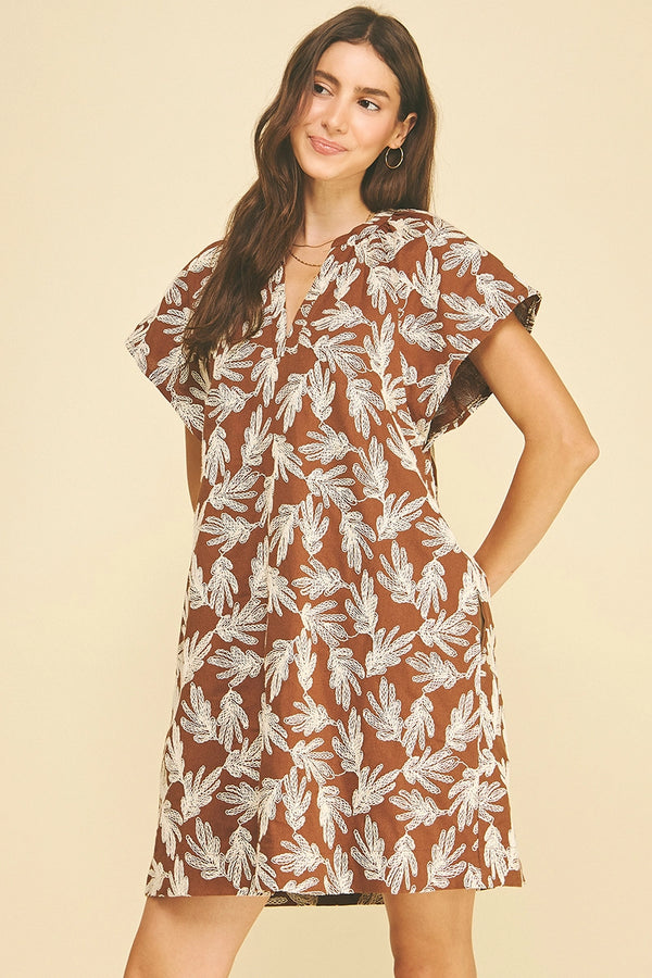Camel Embroidered Leaf Cap Sleeve Dress