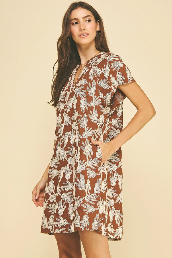Camel Embroidered Leaf Cap Sleeve Dress
